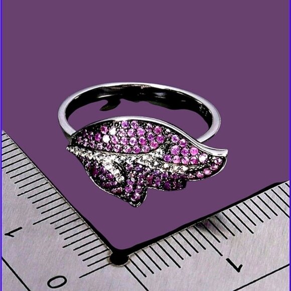 925 Sterling Silver Leaf-shaped Ring SZ 7 with Natural Ruby & Round White Topaz - Picture 3 of 3